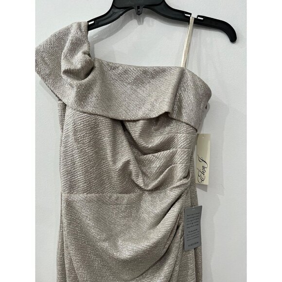 New Eliza J Size 10 One-Shoulder Glitter Mermaid Gown ruching, train Back Beige - Picture 14 of 15